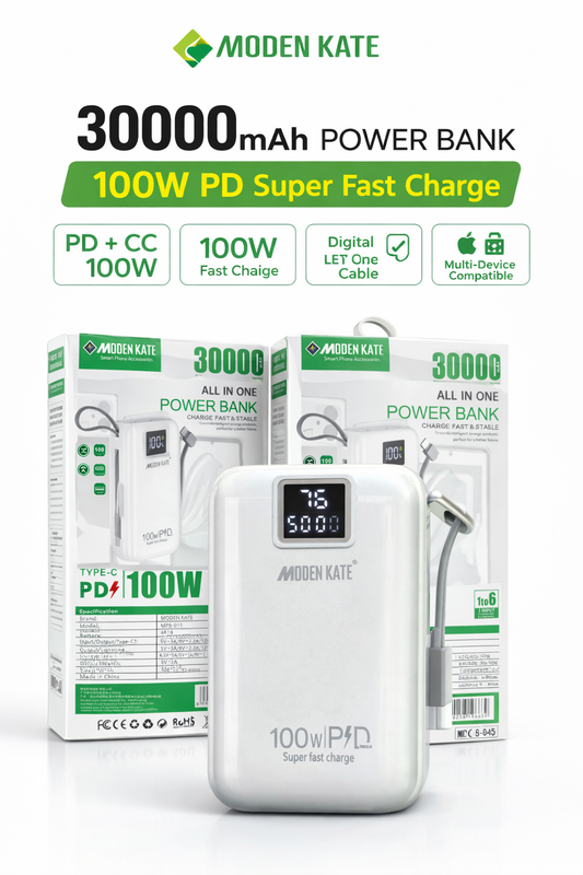 MODEN KATE 30000mAh Power Bank 100W PD Super Fast Charging | 1 To 6 OutPut | Mini PowerBank