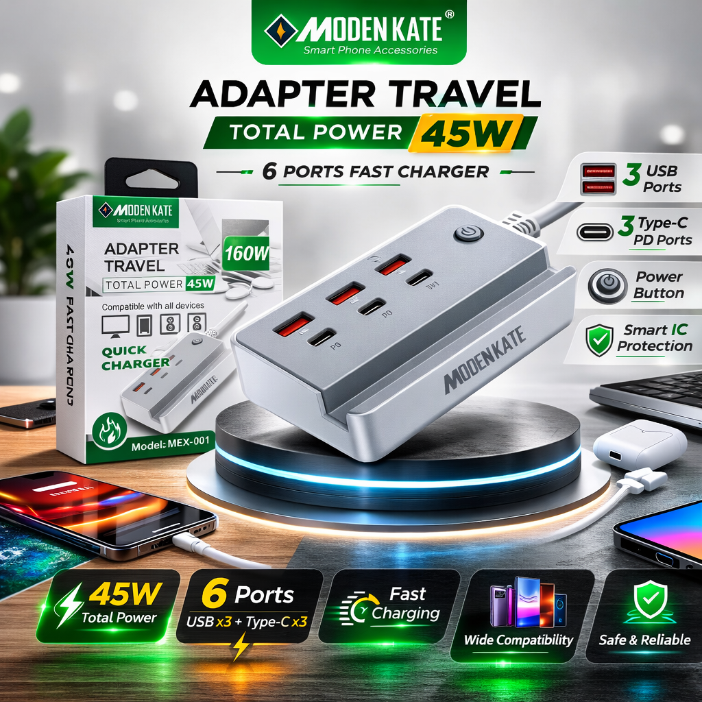 MODEN KATE 45W Travel Adapter | 6 Port Fast Charging Station | 3 USB + 3 Type-C PD | Model MEX-001