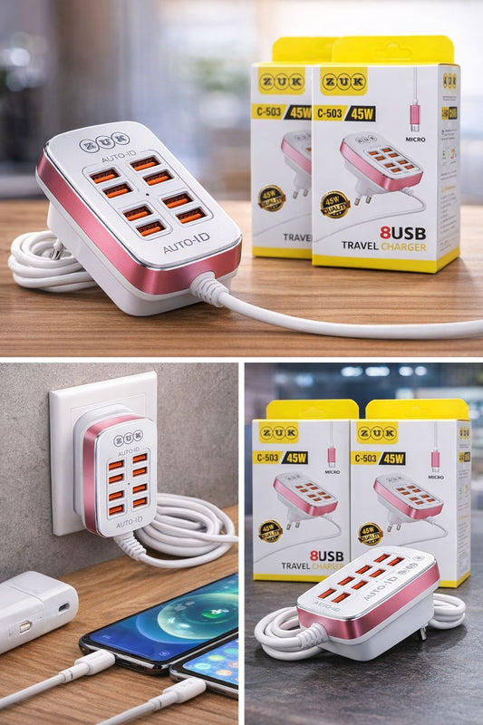 8 USB Travel Charger – 45W Fast Charging (Metal Body)