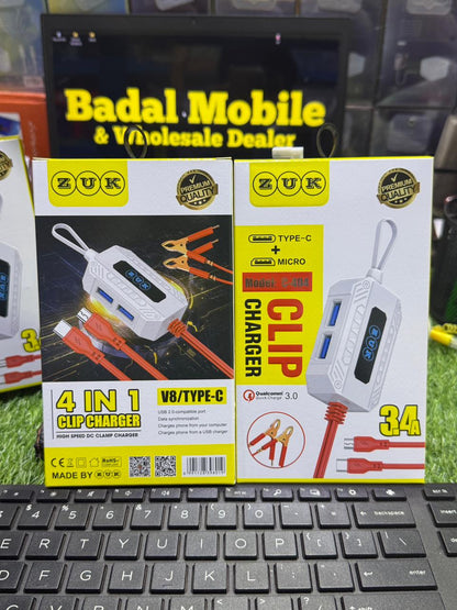 ZUK 4-in-1 Clip Charger 3.4A – Type-C & Micro USB Fast Charging Cable