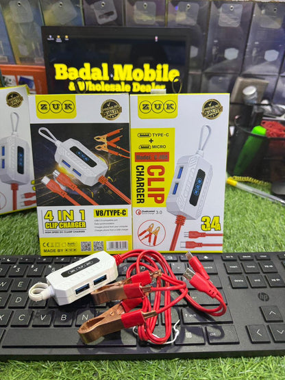ZUK 4-in-1 Clip Charger 3.4A – Type-C & Micro USB Fast Charging Cable