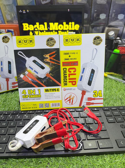 ZUK 4-in-1 Clip Charger 3.4A – Type-C & Micro USB Fast Charging Cable